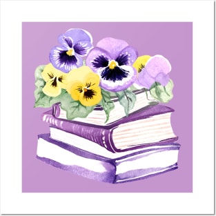 Watercolor Books and Pansies Posters and Art